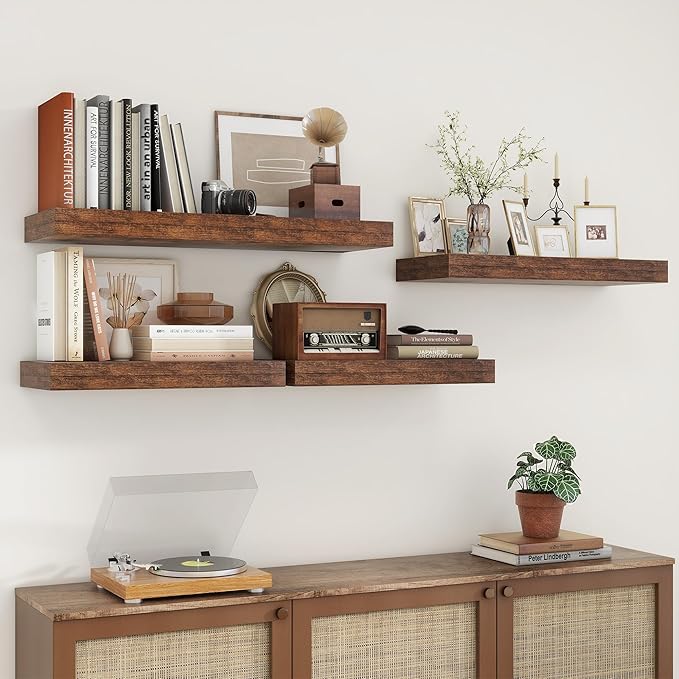 12 Inch Deep Floating Shelves for Wall | 30 Inch Floating Shelves Set of 2 | Rustic Wood Shelves for Living Room Bathroom Laundry Room Bedroom Kitchen Home Office - Rustic Brown