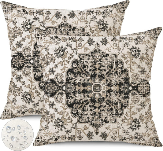 Waterproof Throw Pillow Covers 20X20 Inch Set of 2 Bohemian Vintage Carpet Pattern Black Grey Ethnic Design Decorative Farmhouse for Couch Garden Balcony (Boho-5-2)