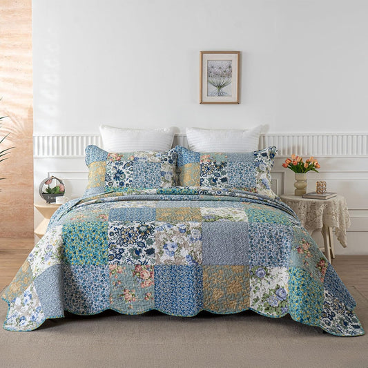 YAYIDAY Oversized Queen Quilt Set Patchwork Bedspread (110x118 Inch) - 100% Cotton Reversible Breathable Floral Quilted Coverlet with Pillow Shams Fit All Season