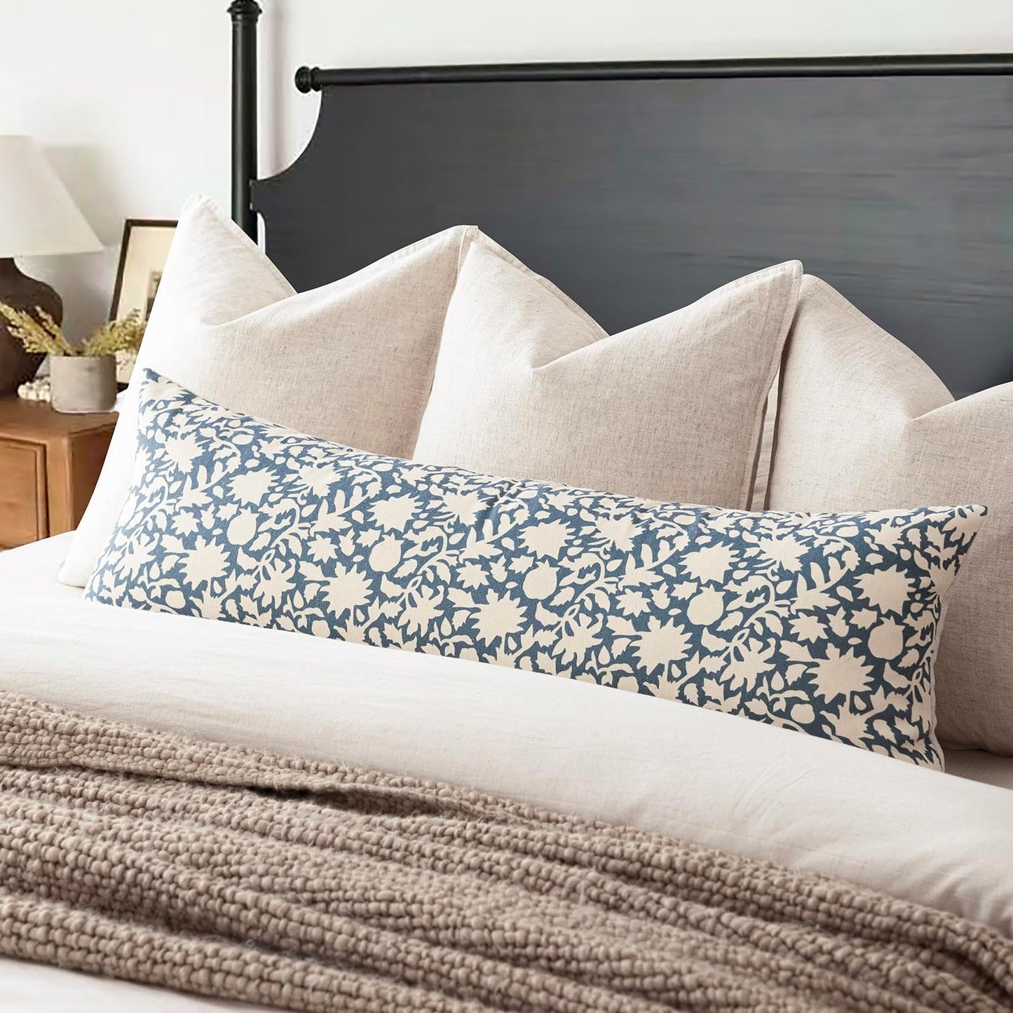 Foindtower Set of 2 Decorative Long Body Lumbar Throw Pillow Covers Accent Farmhouse Cushion Cover Neutral Floral Pillowcase For Couch Sofa Bedroom Living Room Home Decor Outdoor,14×36 Inch,Dusty Blue