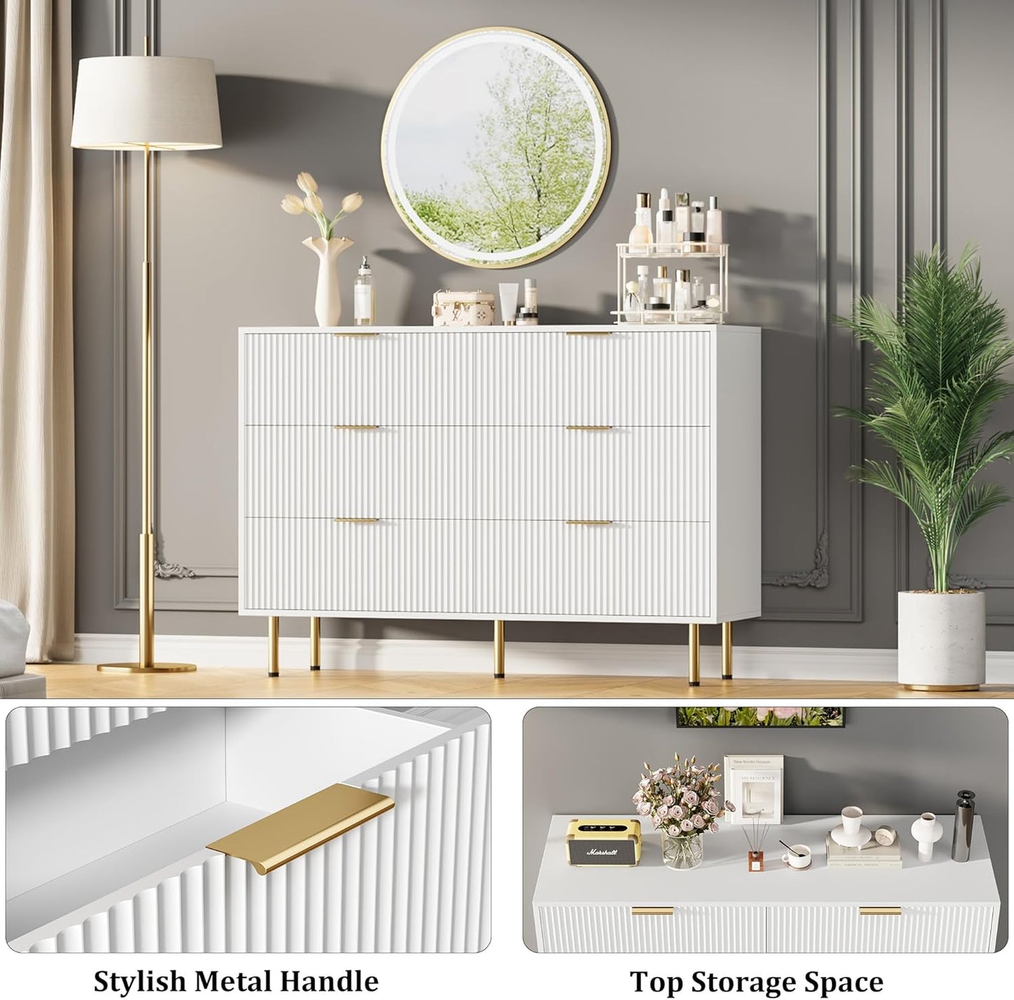 GarveeHome Fluted Wood 6 Drawers Dresser for Bedroom, Large Modern Chest of Drawers, White Dresser with Gold Handle, Wood Drawer Organizer for Bedroom, Living Room, Hallway, Entryway