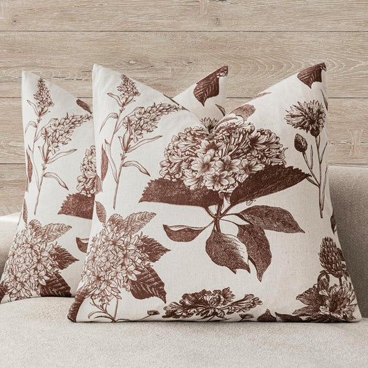 Foindtower Set of 2 Linen Floral Throw Pillow Covers Neutral Vintage Print Decorative Cushion Covers Farmhouse Boho Home Decor for Sofa Chair Couch Bedroom Living Room Outdoor,20×20 Inch,Dark Brown