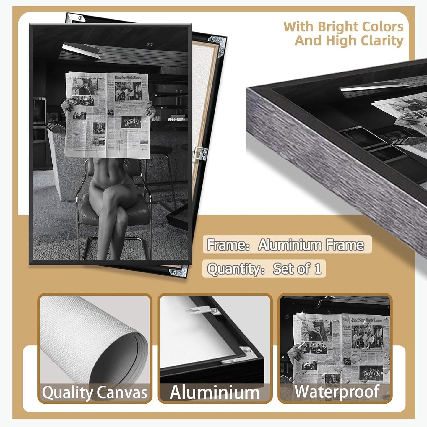 Sexy Glamorous Reader Poster Feminist Art Black and White Preppy Canvas wall art Retro Room Aesthetic Newspaper prints painting Trendy Naked Women Art wall decor 24x36in Framed