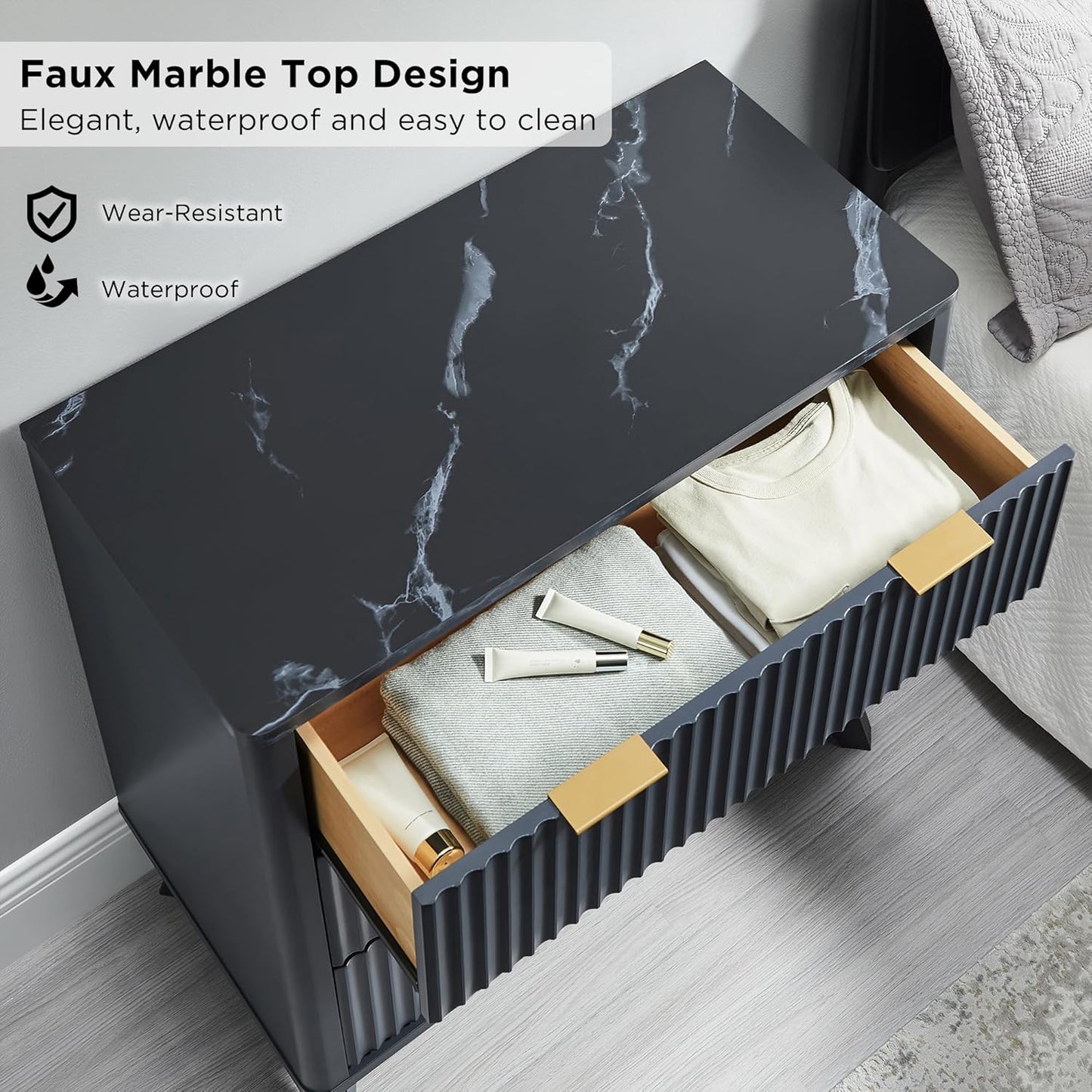 T4TREAM 32" Tall Fluted Nightstand, Modern Side Table with Faux Marble Top, 3 Drawers End Table w/Storage, Bedside Table for Bedroom, Living Room, Curved Profile Design, Dark Grey