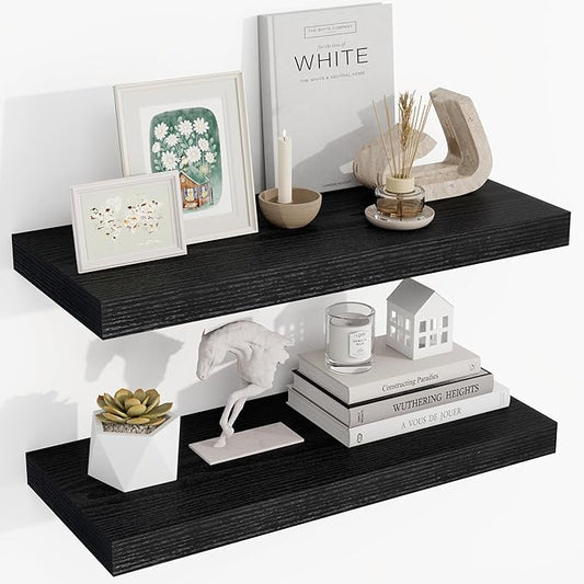 24 Inch Floating Shelves, 24"x9.25"x1.5" Inch Deep Floating Shelves for Wall, Wooden Shelves for Bathroom, Bedroom, Living Room, Black