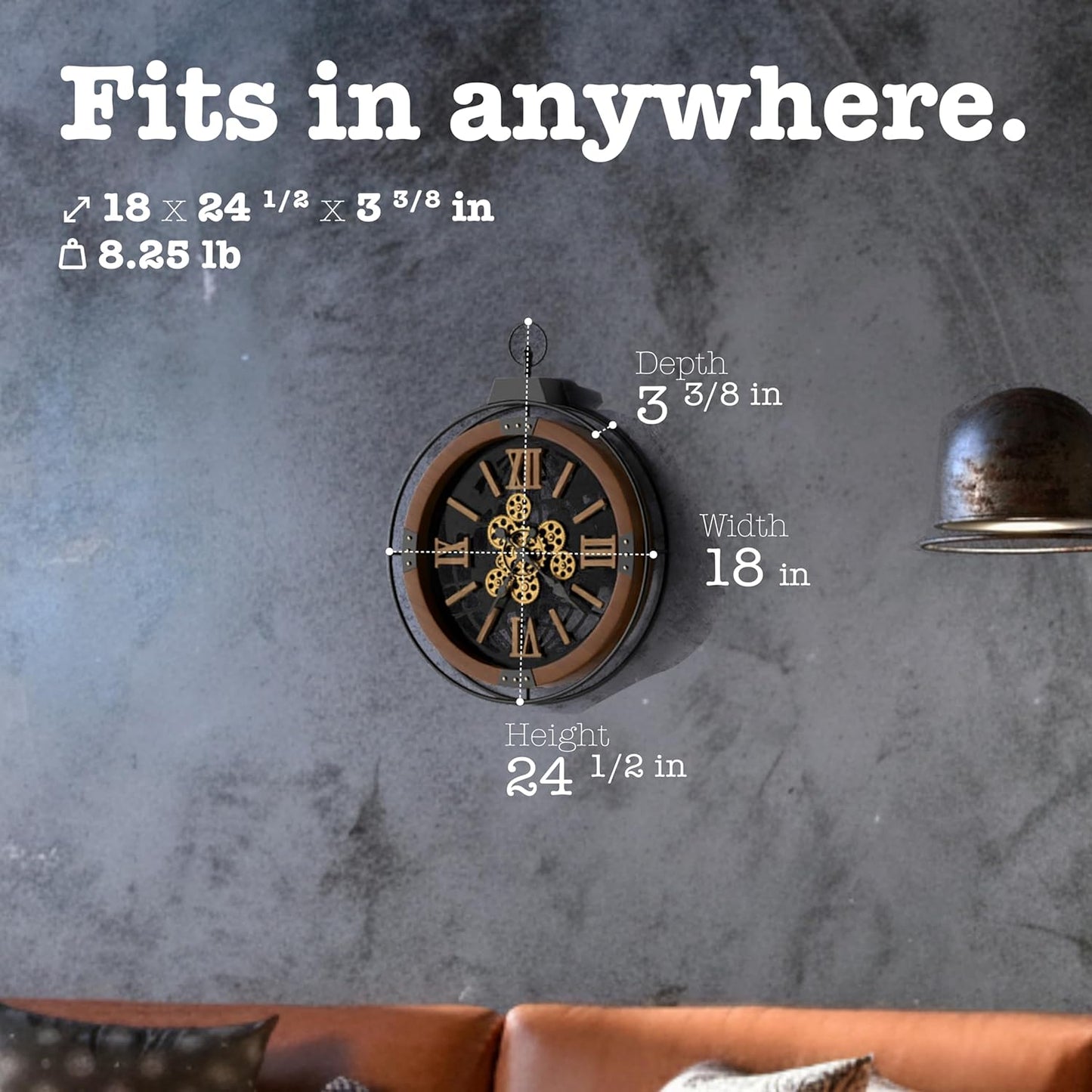 Driini 18 Inch Large Rustic Farmhouse Gear Clock with Moving Gears – Vintage Oversized Wall Clock with Iron Frame – Giant Industrial Steampunk Wall Clock for Living Room Décor (Walnut)