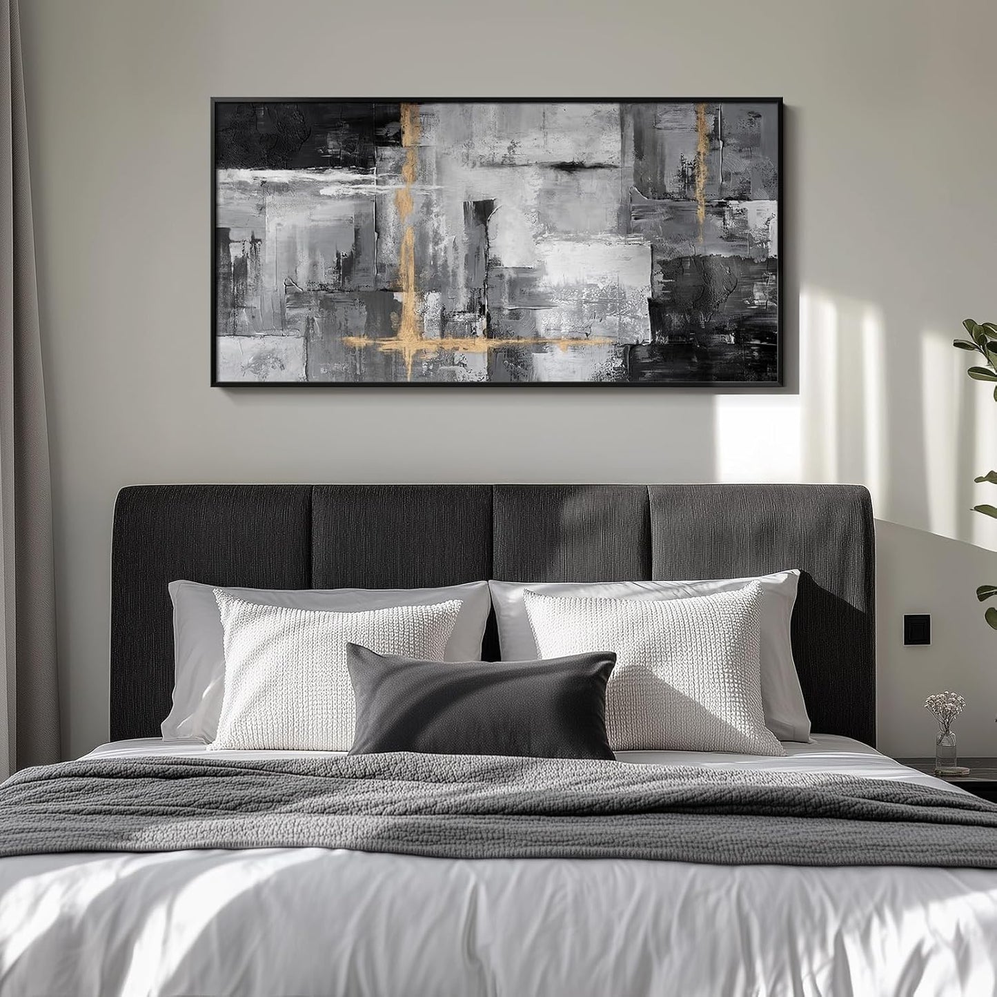 Framed Extra Large Abstract Wall Art for Living Room, Modern Horizontal Gray Canvas Prints Paintings Artwork for Walls, Black Grey Pictures for Hallway DiningRoom Bedroom Office Wall Decor Big Size 30x60 In