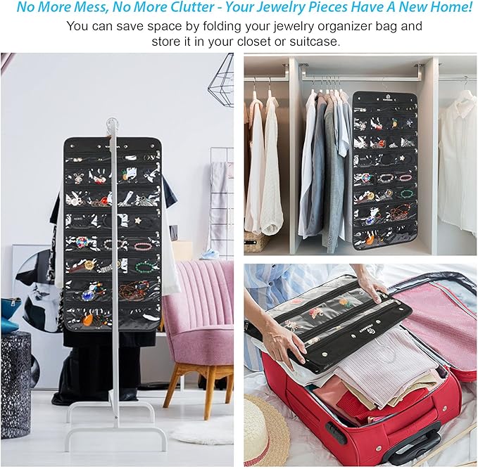 Freegrace Hanging Jewelry Organizer Revolving Hanger - Secure Zipper Closure - 25 Pockets,23 Hooks - Foldable Storage & Display Solution - for All Jewelry & Bijoux (Black)