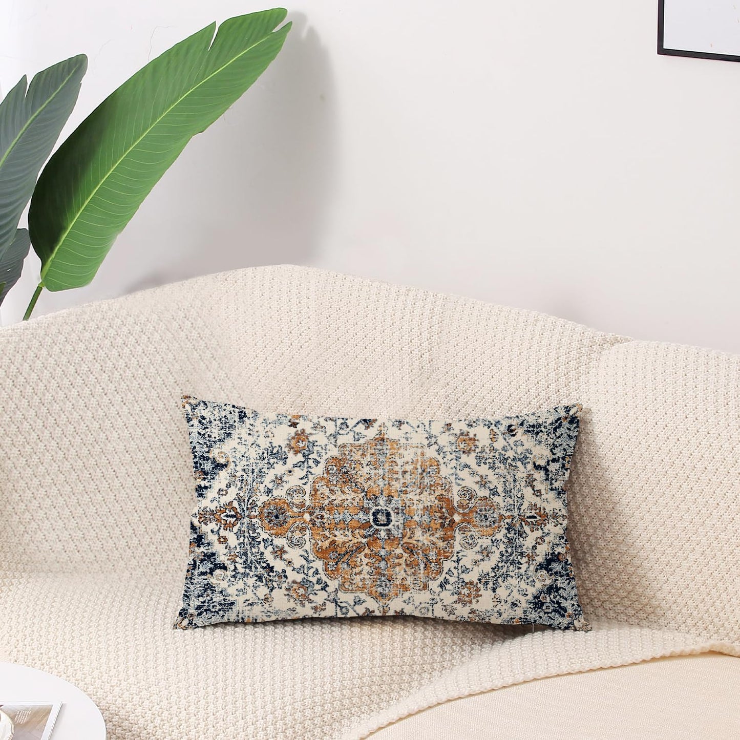 Outdoor Waterproof Pillow Set of 2, 12X20 Inch, Bohemian Vintage Carpet Pattern, Gold Blue Ethnic Design, Decorative Farmhouse Pillow Covers for Couch, Garden, Balcony