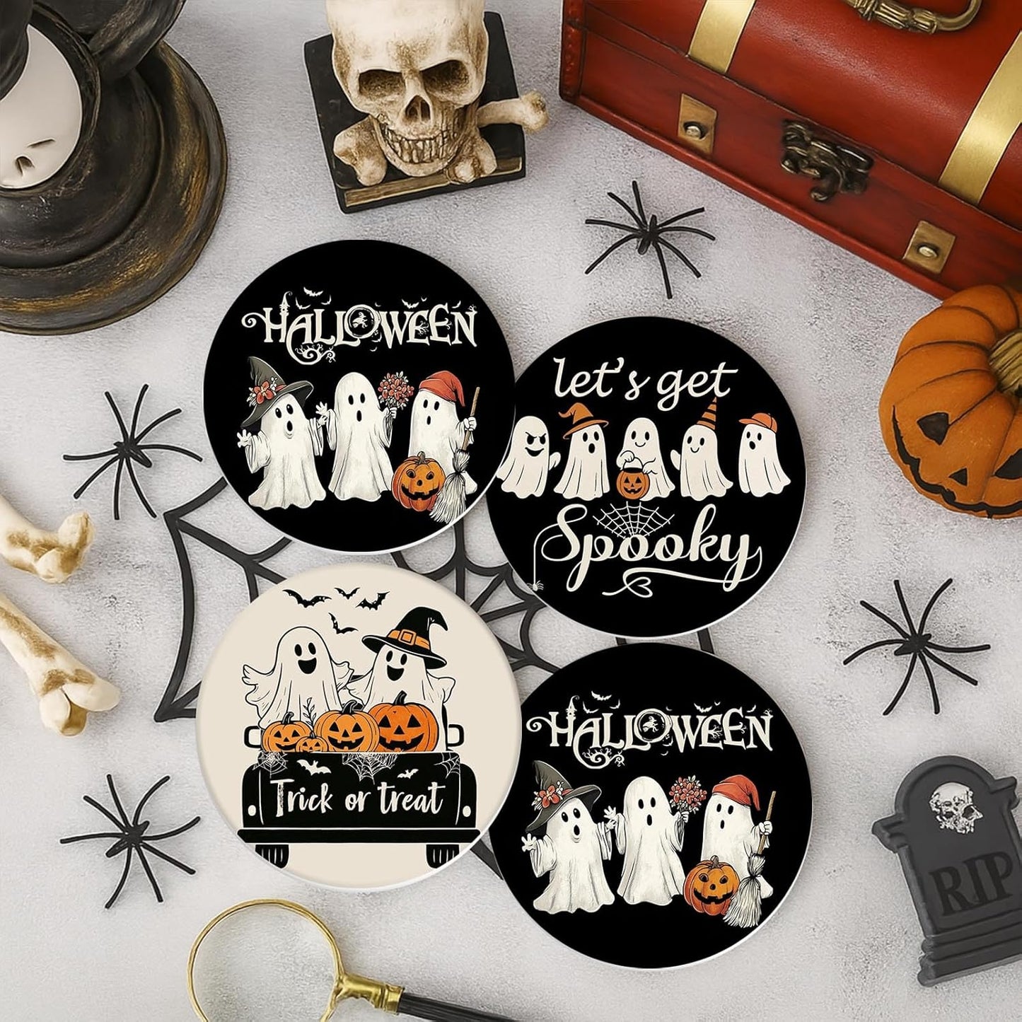 Coaster for Drinks Set of 6, Halloween Black and White Ghost Pumpkins Absorbent Round Ceramic Stone Mat, with Cork Base and Metal Holder, Gift for Housewarming Room Bar Decor