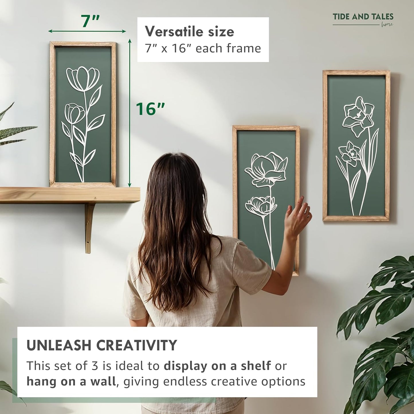 3D Floral Green Wall Art (Set of 3) Lightweight, Wooden Ready-to-Hang Boho Framed Wall Art for Bathroom, Master Bedroom, Living Room or Office - Premium Sage Green Farmhouse Decor - Gift-Boxed