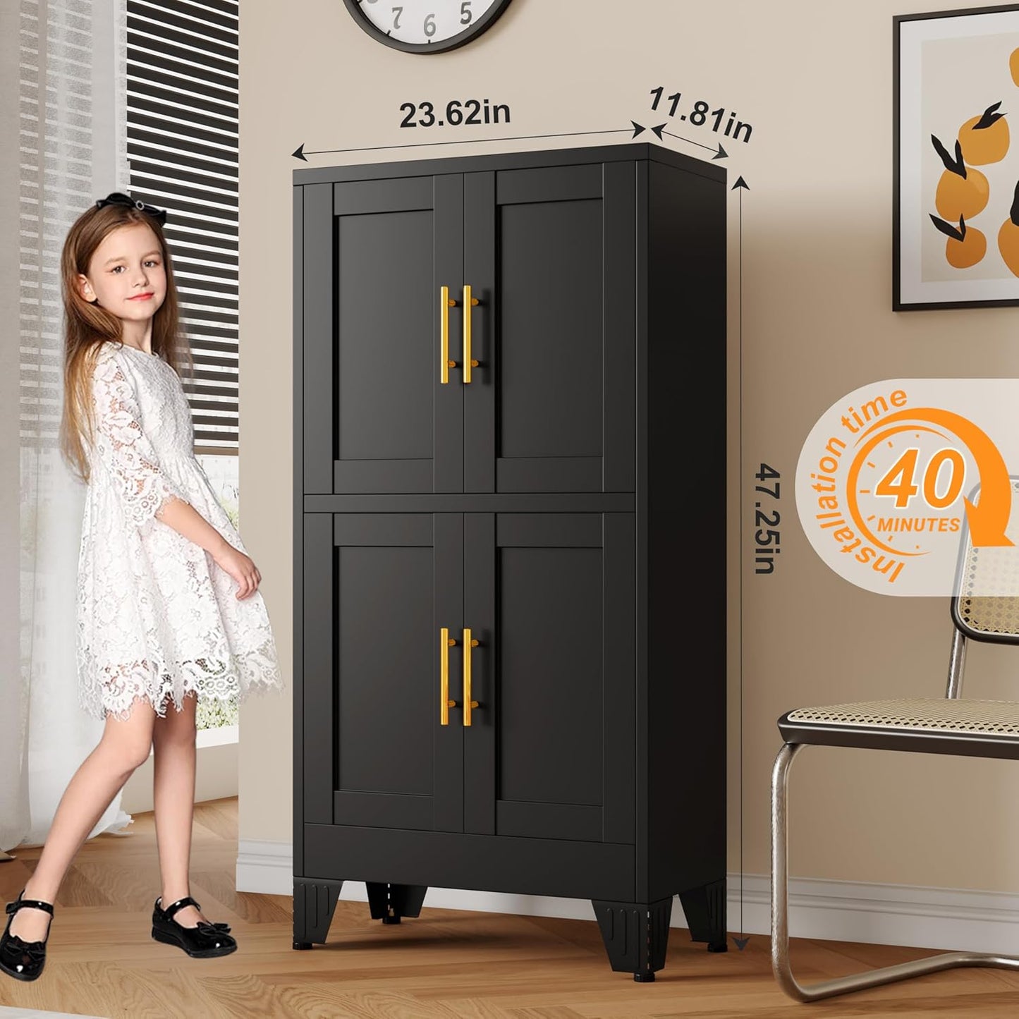 47.25" Metal Storage Cabinet, Black Kitchen Food Storage with 4 Door and 2 Adjustable Shelves, Freestanding Bathroom Cabinet, Pantry for Kitchen Dinning Room, Cupboard