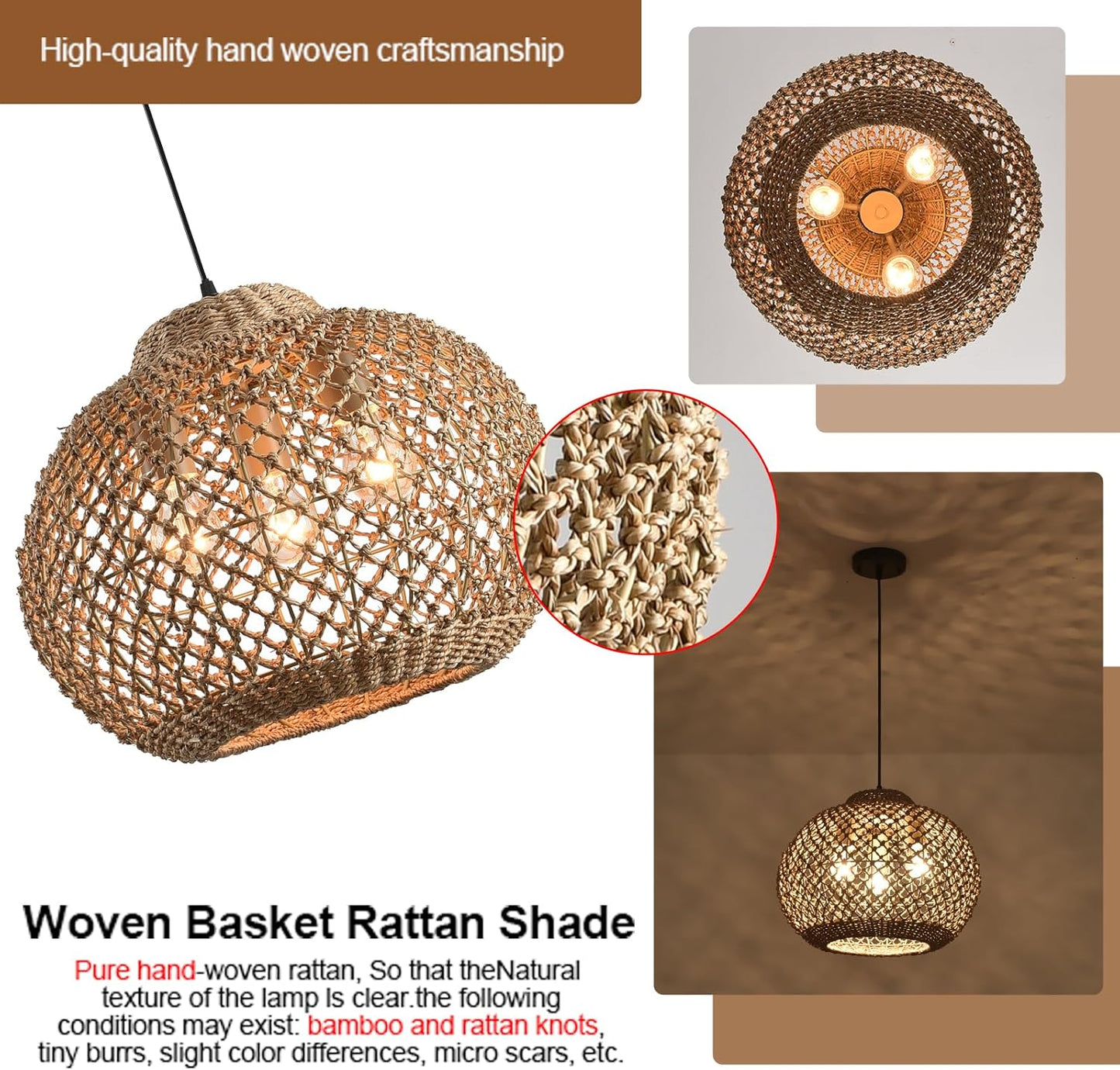 17" Rattan Pendant Light 3-Light Hand Woven Wicker Seagrass Hanging Light Boho Water Plants Rattan Chandelier for Dining Living Bedroom Kitchen Farmhouse