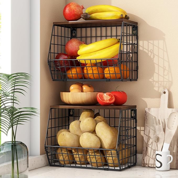 2pcs Fruit Basket Kitchen Storage Basket with Wood Lid, Stackable Wall Basket Fruit Basket for Kitchen, Countertop Organizer for Snack, Fruit and Veggie Storage, 11.8 x 7.9 x 8.5 Inch