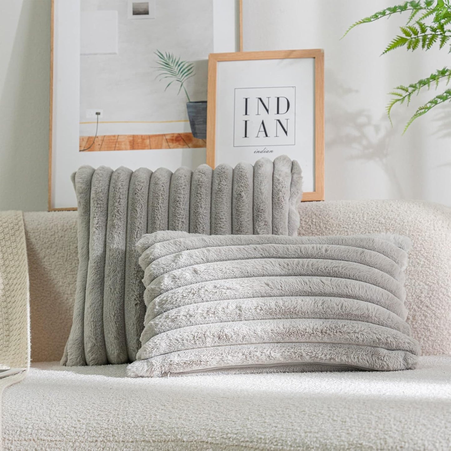 DEELAND Pack of 2,Double-Sided Faux Fur Plush Decorative Throw Pillow Covers Fuzzy Striped Soft Pillowcase Cushion Covers for Sofa Couch Bedroom Lightgrey 26x26 inch