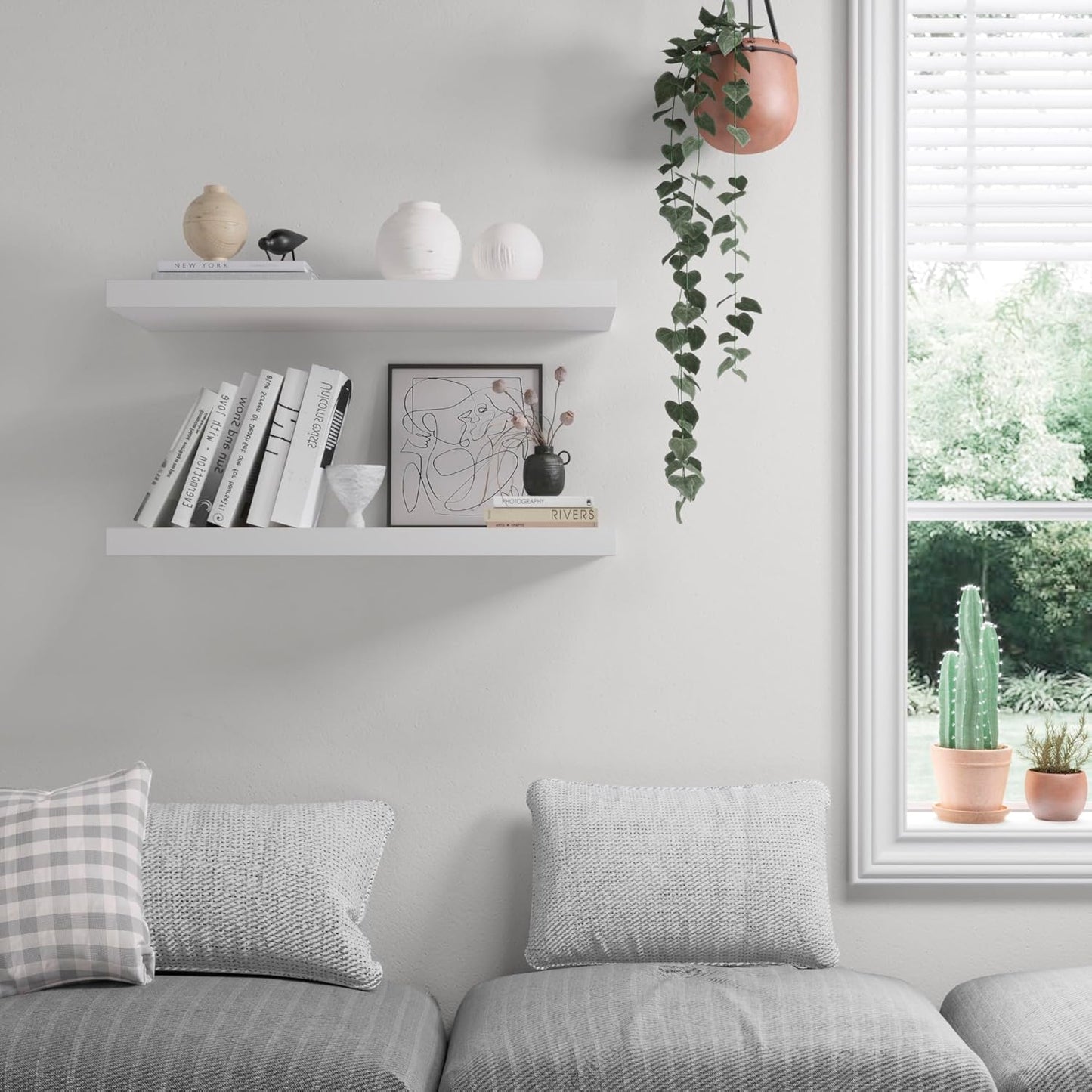 Floating Shelf, Set of 2 Wall Shelf, 24 in W x 12.75 in D x 2 in H Wooden Floating Wall Shelf with Invisible Brackets for Living Room/Bedroom/Bathroom/Kitchen Storage and Decor, White