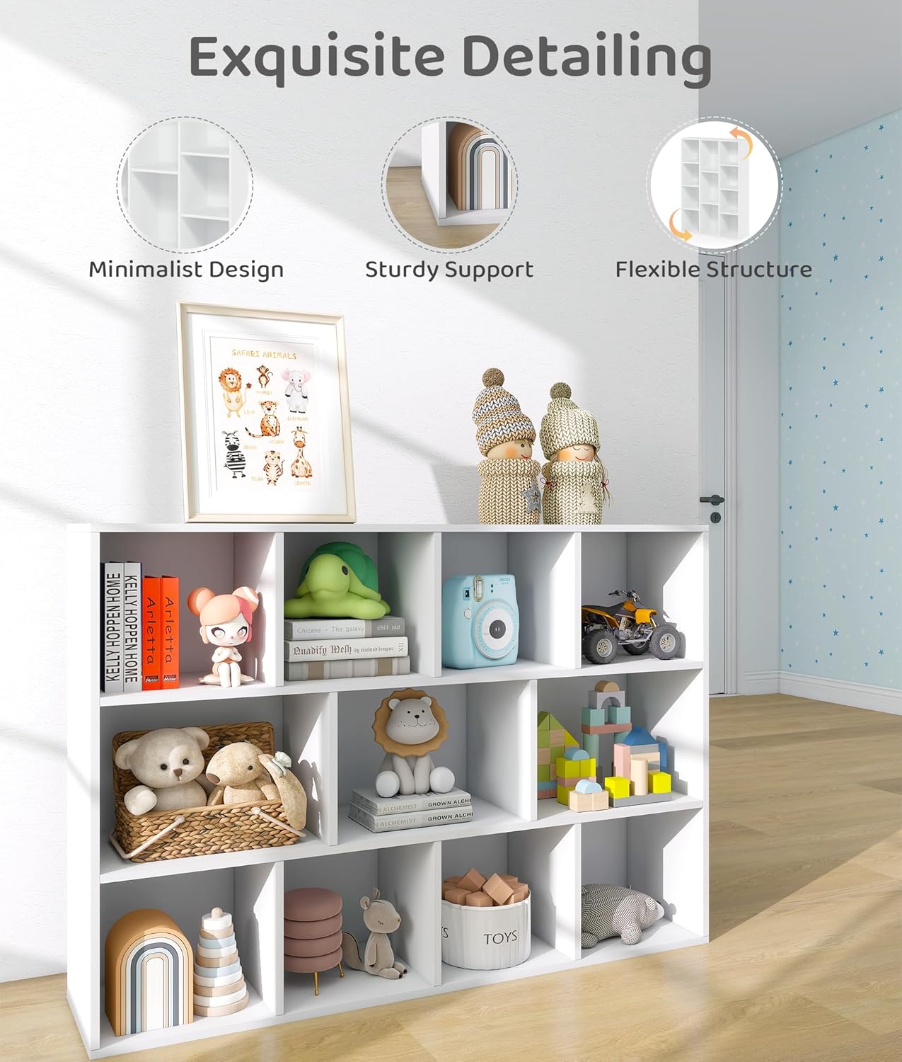 11 Cube White Kids Toy Storage Organizer & Bookshelf – Toy and Book Storage for Kids, Baby Bookshelf for Nursery, Wooden Bookcase & Book Organizer for Classroom