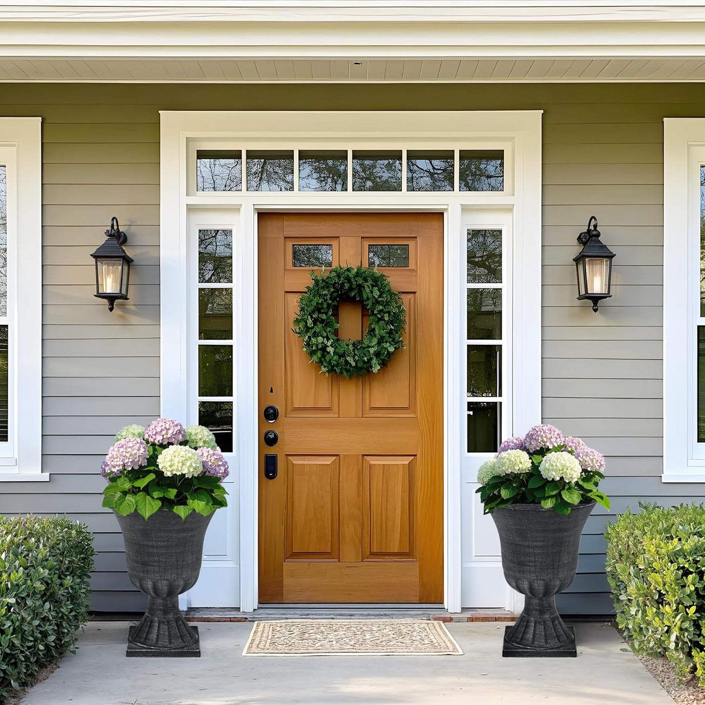 22" Large Urn Planters for Outdoor Plants, Set of 2 Plastic Flower Pot with Handmade Washed Black Finish, Weather-Resistant for Porch, Garden, Patio or Indoor Use