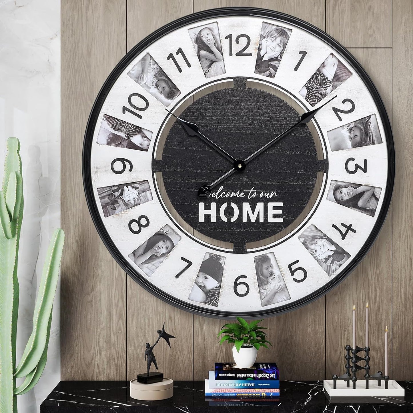 12 Photo Collage Rustic Farmhouse Wood Wall Clock,Large Wall Clock for Living Room Decor, Modern Big Wall Watch Battery Operated Decorative Clock with Personalized Frames for Bedroom,Wall Black