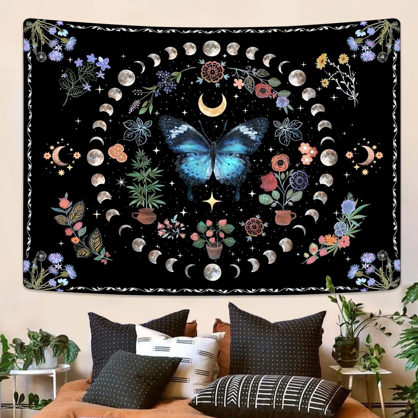 Fowocu Blue Butterfly Moon Flower Tapestry Boho Floral Plant Tapestries for Bedroom Aesthetic Nature Tapastry's Wall Hanging Mandala Botanical Wall Tapestry for Living Room Dorm (Blue, 48'' × 36'')