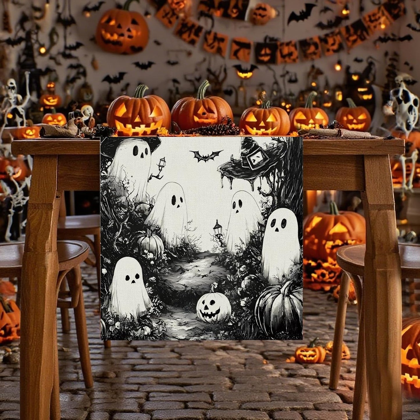 GPGHE Halloween Table Runner Black Ghost Holiday Burlap Table Decoration Indoor Outdoor Home Decor Party Supply 13 x 120 Inch