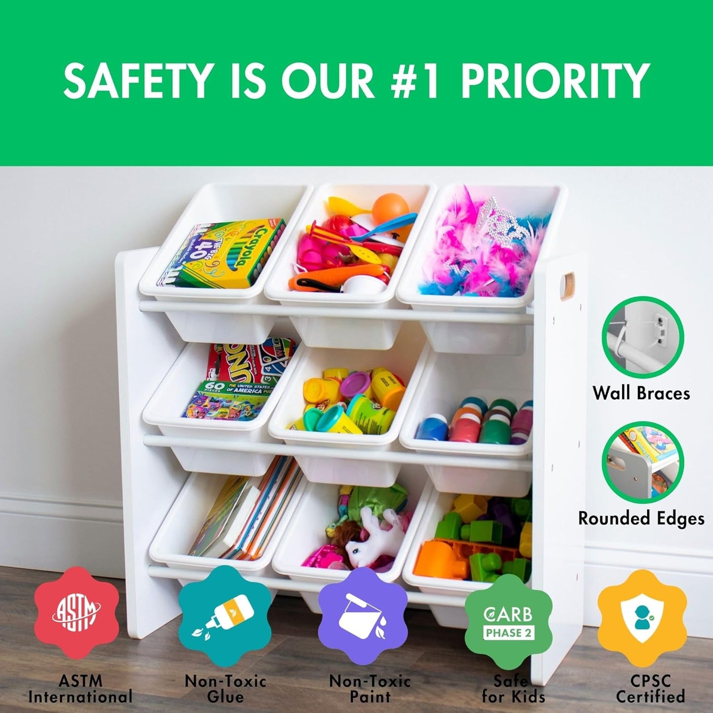 Humble Crew 9-Bin Toy Organizer – Cambridge White Plastic Bins, 3-Tier Storage Solution for Kids' Playrooms and Nurseries