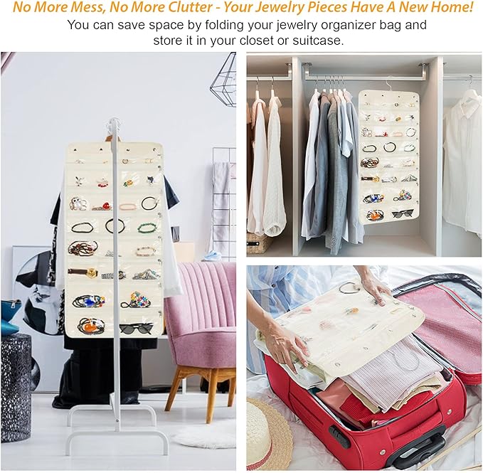 Freegrace Hanging Jewelry Organizer Revolving Hanger - Secure Zipper Closure - 50 Pockets - Foldable Storage & Display Solution - For All Jewelry & Bijoux (Beige)