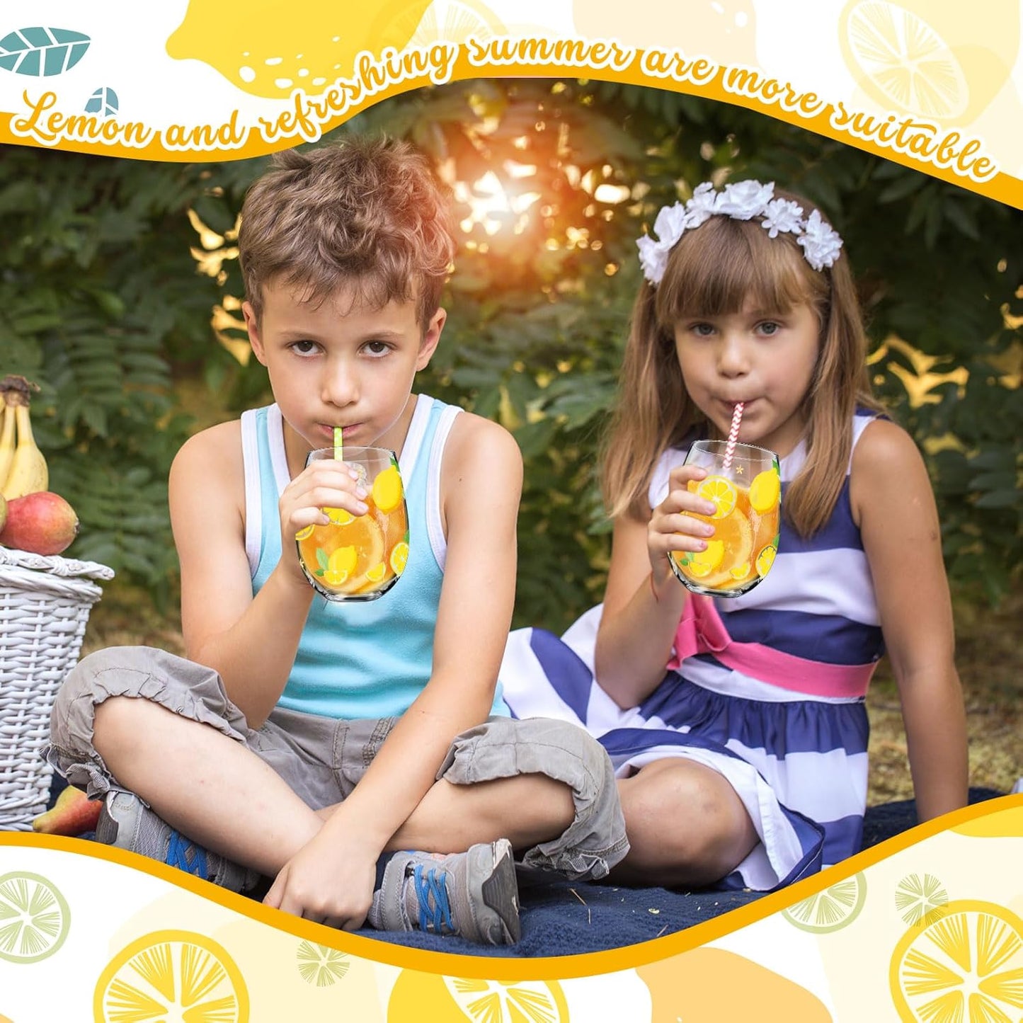 Sliner 2 Pack Lemon Stemless Wine Glasses 17oz Lemon Drinking Glasses Clear Stemless Wine Tumbler Unique Gift for Wedding, Mother's Day Birthday Drinking Party