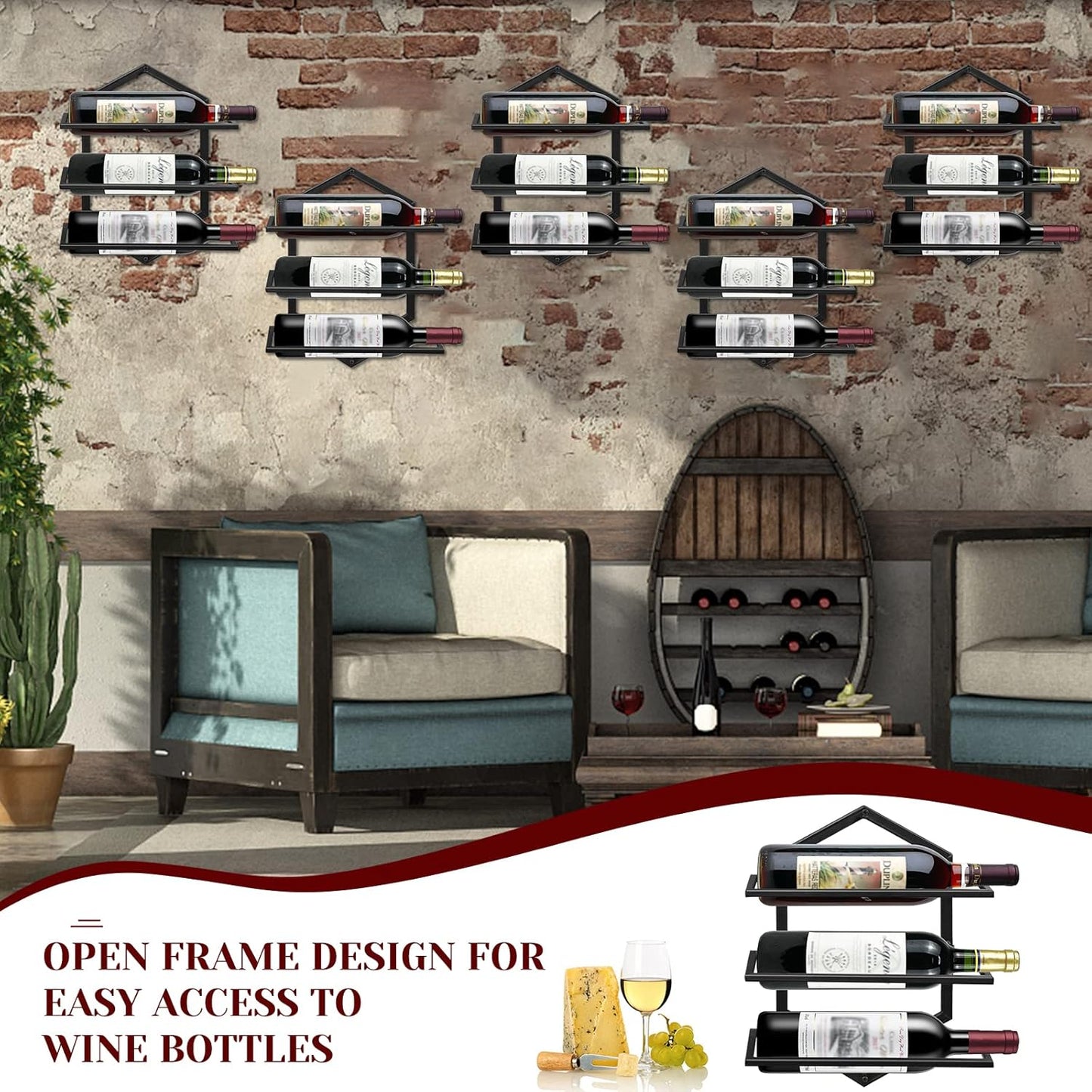 2Pcs Wall Mounted Wine Stemware Rack, Metal Hanging Wine Glass Display Holde Holds 3 Bottles, Elegant Storage for Kitchen Dining Room Bar Wine Cellar