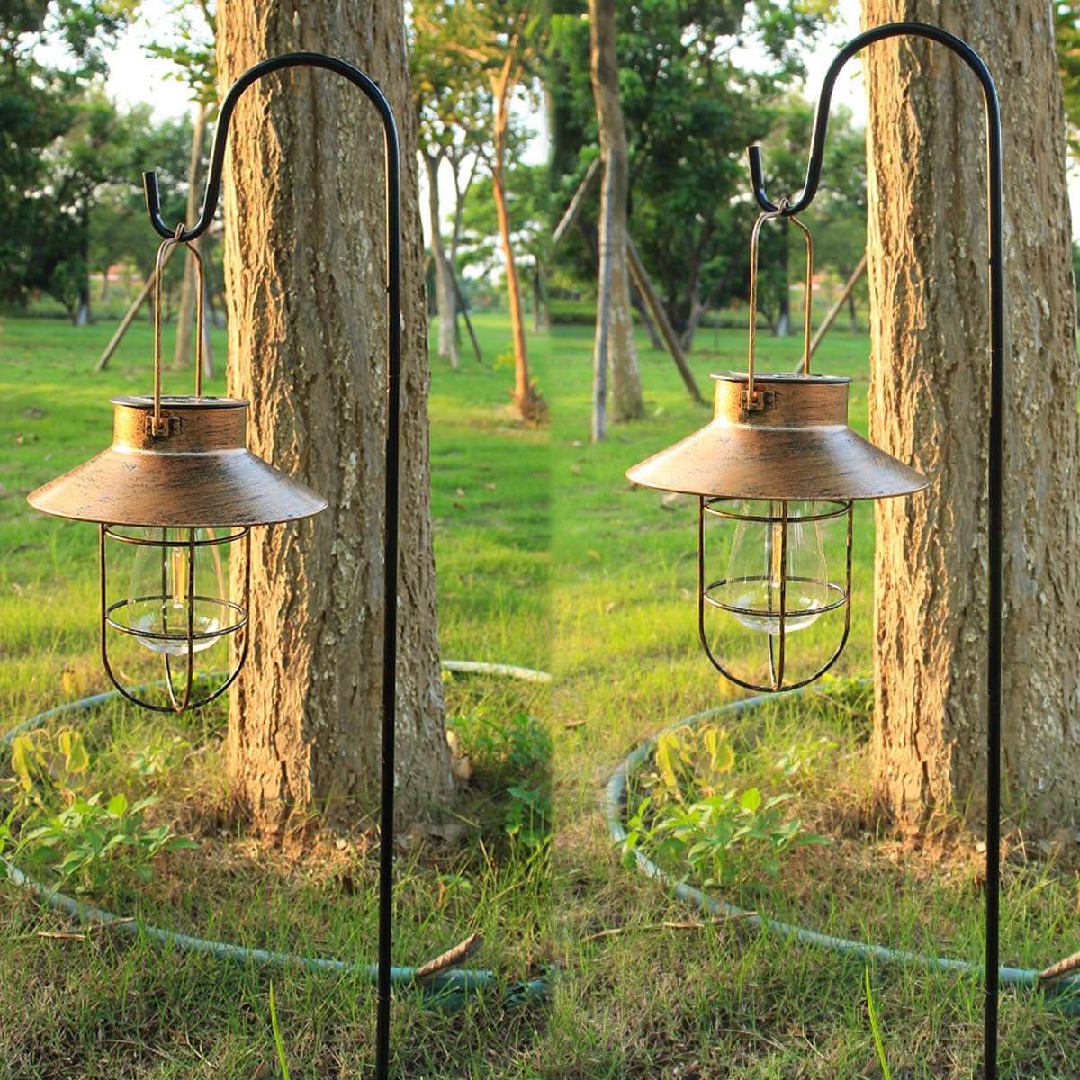 2 Pack Solar Lanterns, Outdoor Hanging Lights Metal with Shepherd Hook Warm White Edison Bulb Design for Garden and Birthday Gifts for Mom Grandma Wife ( Copper)