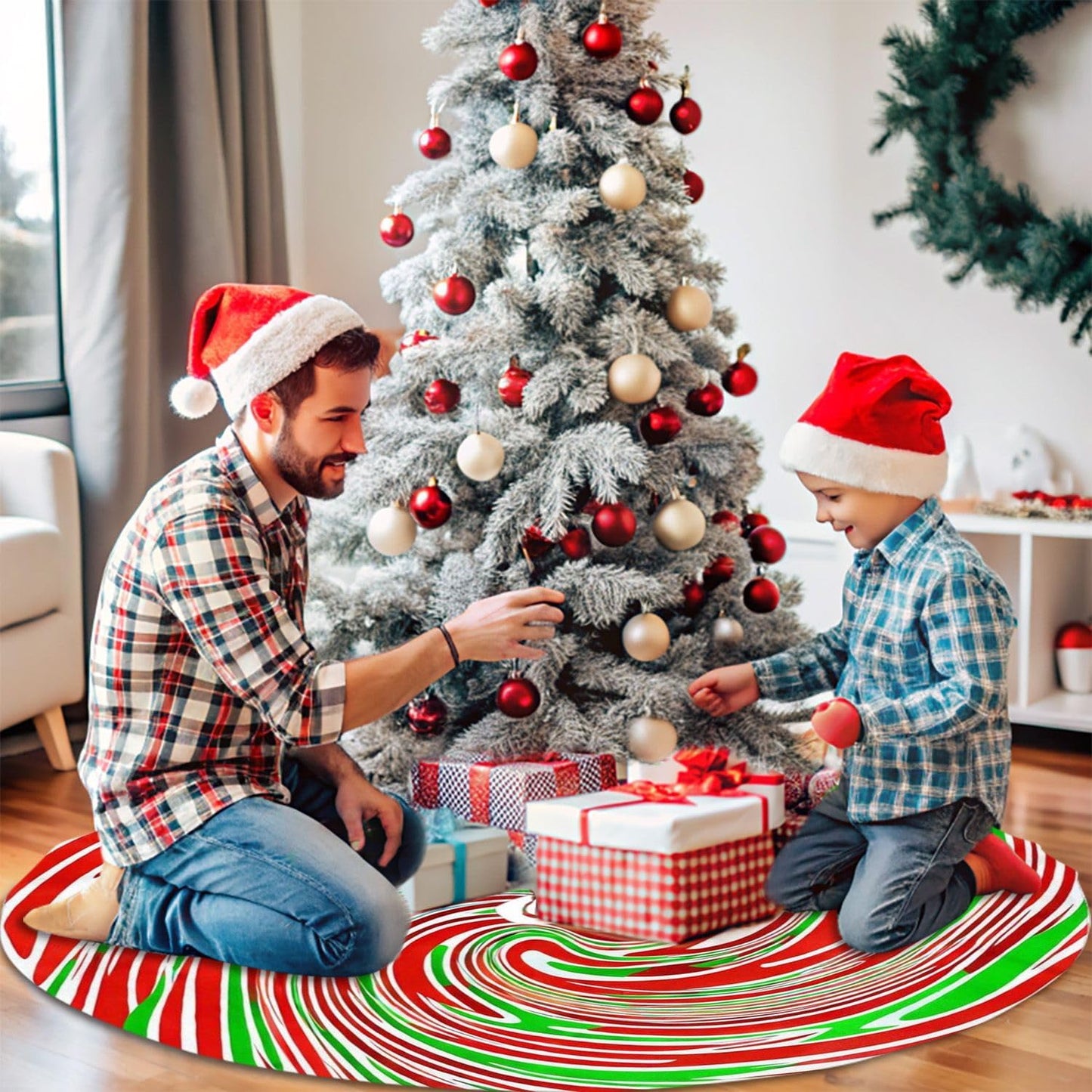 36" Red and Green Swirl Christmas Tree Skirt Sweet Peppermint Candy Tree Mat Base Cover for Xmas Festive Holiday Party Decoration Ornaments