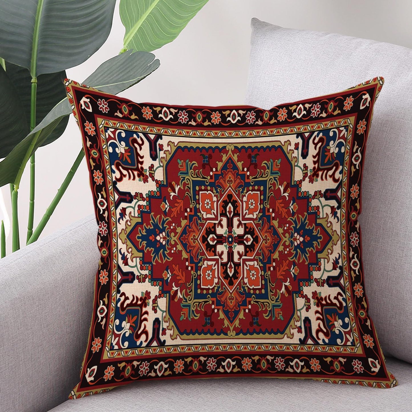 Outdoor Waterproof Pillow Covers 18x18 Inch Red Floral Bohemian Vintage Carpet Pattern Ethnic Design Decorative Farmhouse Cushion Cases for Sofa Couch Garden Balcony Set of 2