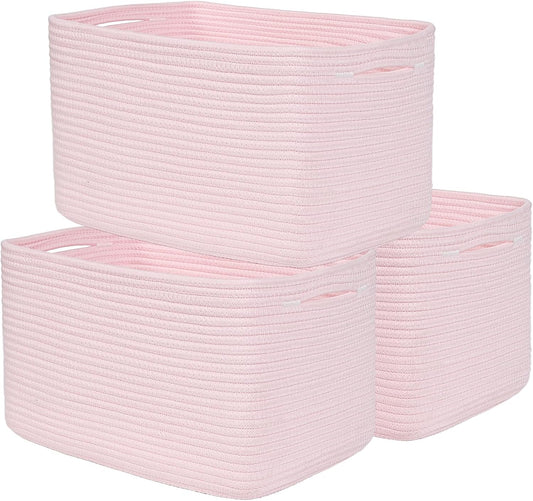 3-Pack Shelf Baskets for Organizing, Woven Storage Basket for Shelves, Cotton Rope Storage Bins for Toys Books, Nursery Towel Baskets for Classroom, 14.96"X9.8"X8.85", Pink