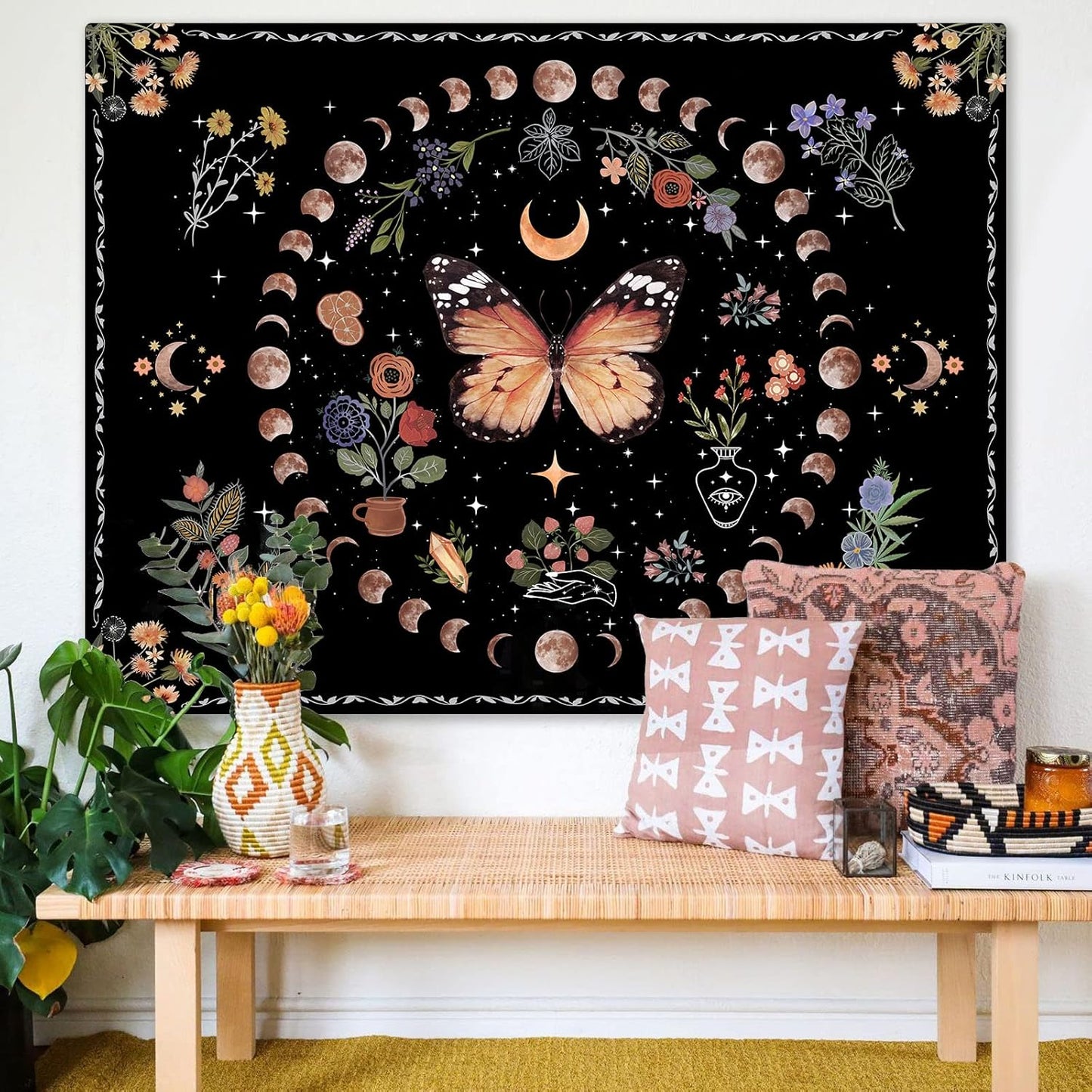 Fowocu Orange Butterfly Moon Flower Tapestry Boho Floral Plant Tapestries for Bedroom Aesthetic Tapastry's Wall Hanging Mandala Botanical Wall Tapestry for Living Room Dorm (Yellow, 80'' × 60'')