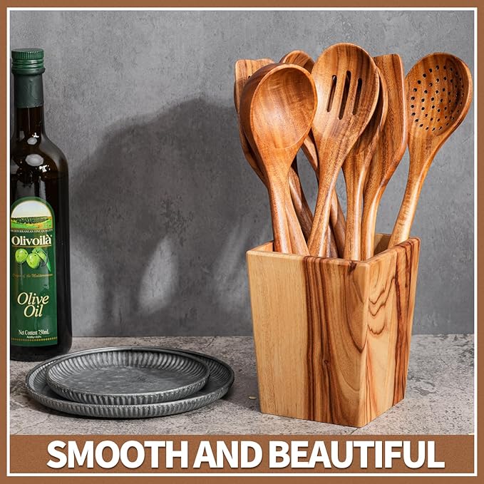 Gudamaye 13 inch Long Wooden Spoons for Cooking, 9 PCS Natural Teak Wooden Kitchen Utensil Set with Utensils Holder Made of Australia Camphor Laurel Wood，Wooden Utensils for Cooking