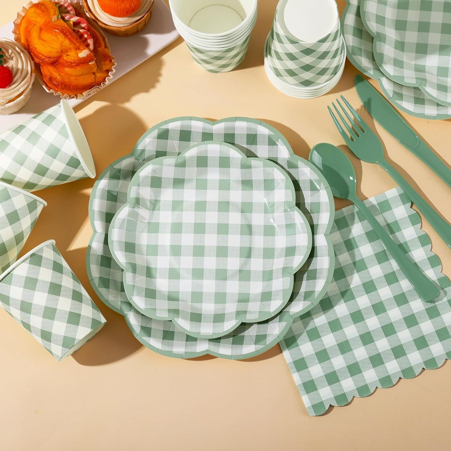 350 Pcs Sage Green Gingham Paper Plates and Napkins Party Supplies - Sage Green and White Checkered Plates Scalloped Plaid Plate for Birthday Dinner Picnic BBQ Party Decorations, Serve 50 Guests