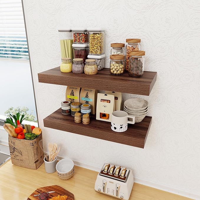 12 Inch Deep Floating Shelves, 24 x 12 Floating Shelf for Books, Rustic Wood Deep Wall Shelves for Home Storage & Display, 2" Thicked Shelves for Kitchen, Living Room, Bedroom, Walnut Color, 1 Pack