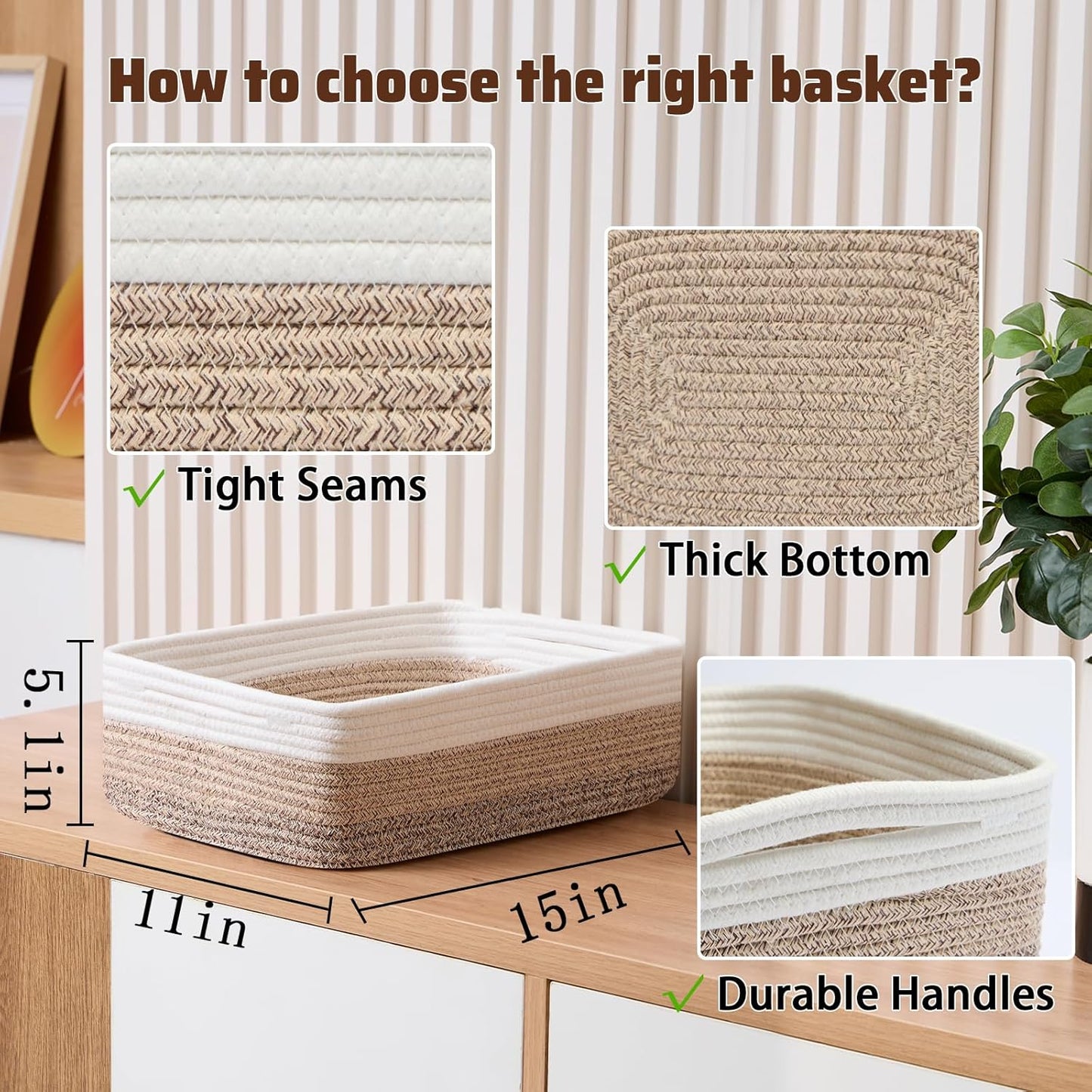 Large Shallow Organizing Baskets 15x11x5.1 Inches - Rope Woven Storage Bins for Bathroom, Shelves, Cube Closet, Gradient Brown 2 Packs