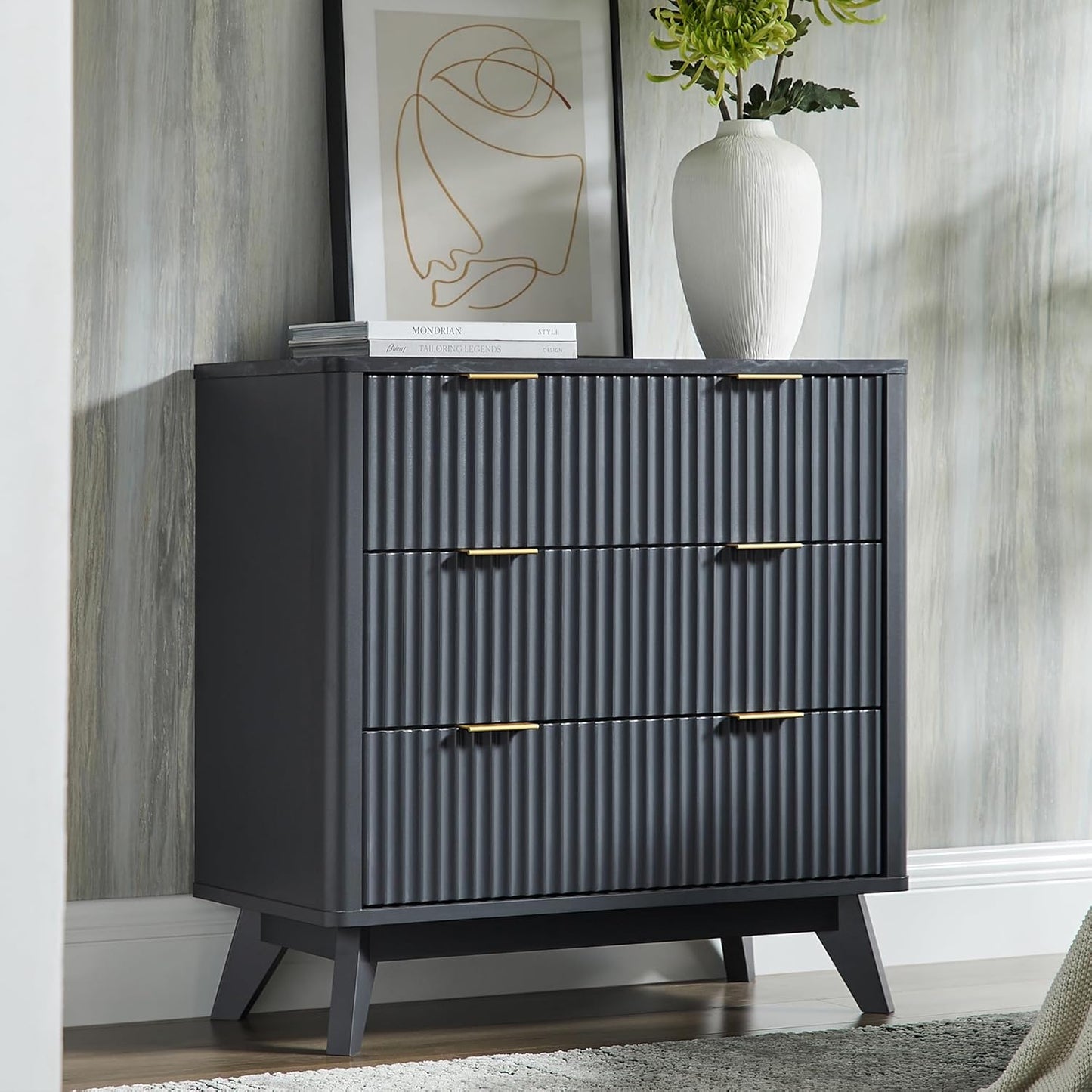 T4TREAM 32" Tall Fluted Nightstand, Modern Side Table with Faux Marble Top, 3 Drawers End Table w/Storage, Bedside Table for Bedroom, Living Room, Curved Profile Design, Dark Grey