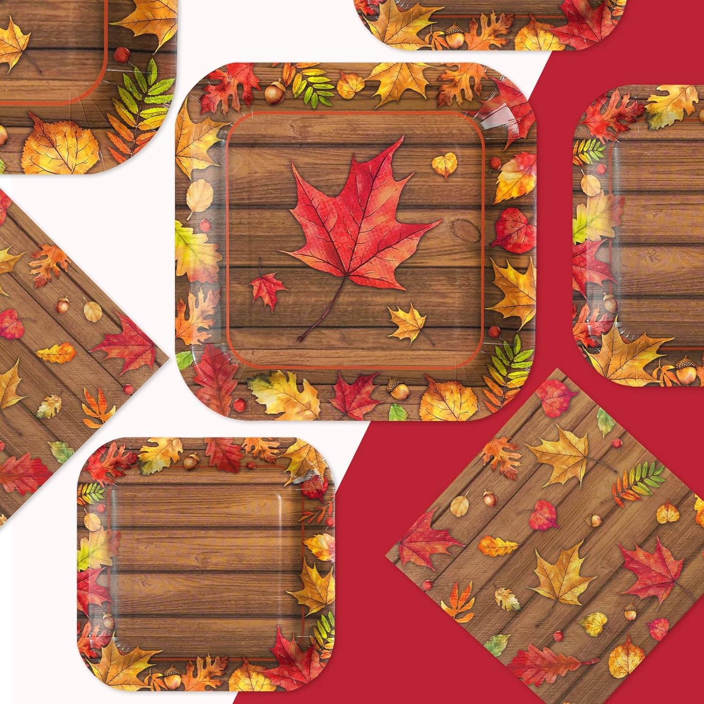 200Pcs Fall Party Decorations Watercolor Autumn Maple Leaves Paper Plates and Napkins Thanksgiving Wooden Grain Tableware Sets for Holiday Harvest Birthday Wedding Dinner Party Supplies Serves 50