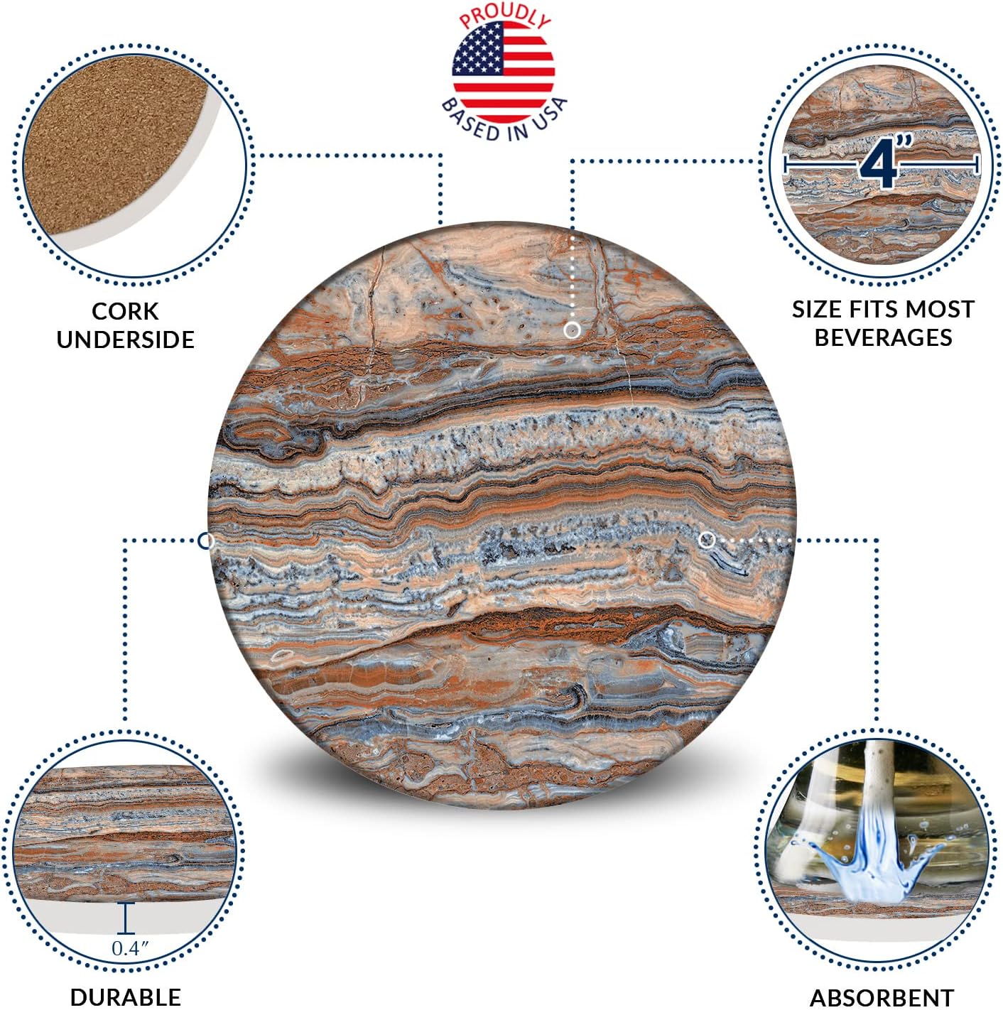 Emerson Coasters for Drinks Absorbent – Natural Stone Drink Coasters Set with Holder, Coasters for Coffee Table, Wooden Tabletop Protection Marble Style – 100% Heavy Duty Set of 6 (Terra)