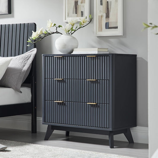 T4TREAM 32" Tall Fluted Nightstand, Modern Side Table with Faux Marble Top, 3 Drawers End Table w/Storage, Bedside Table for Bedroom, Living Room, Curved Profile Design, Dark Grey