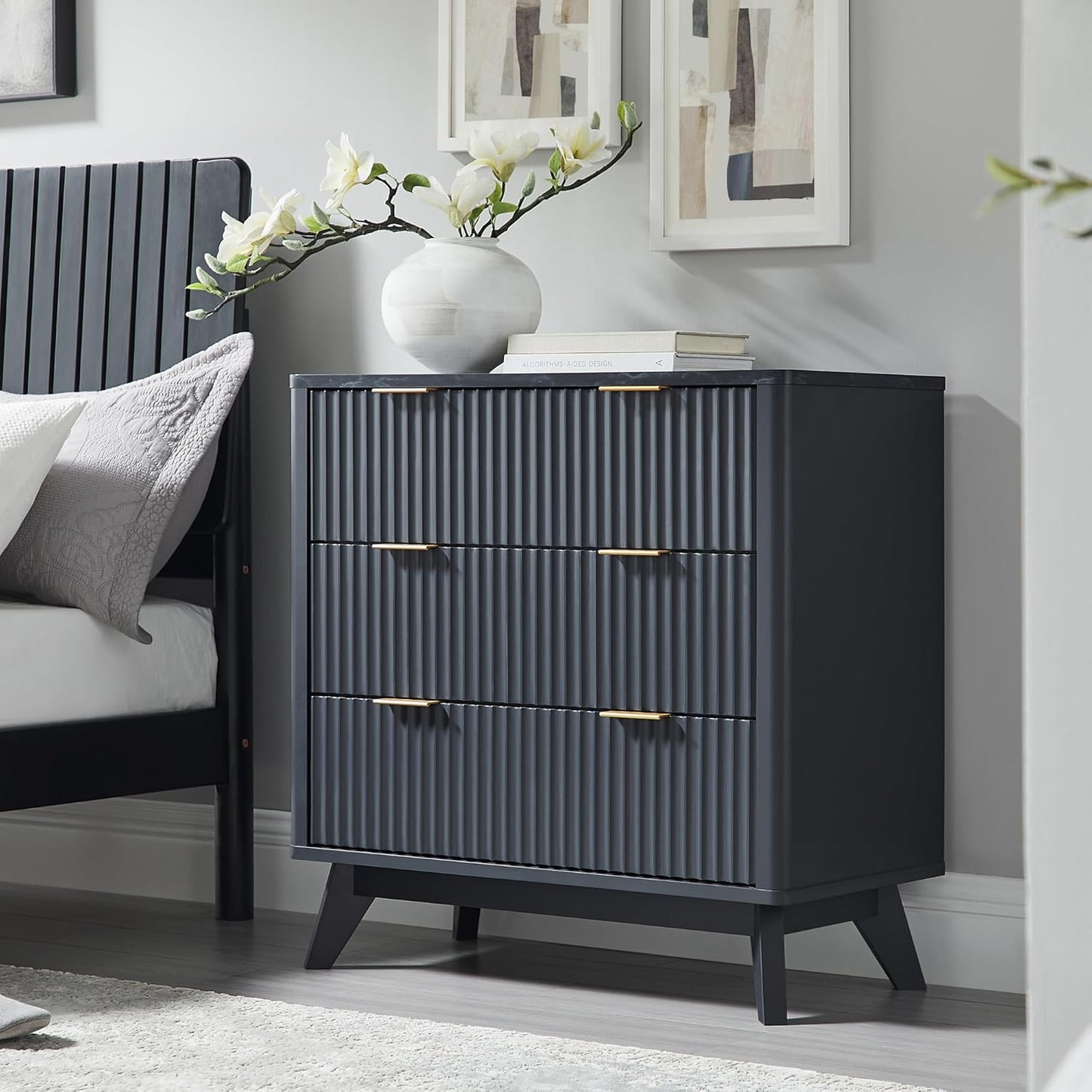 T4TREAM 32" Tall Fluted Nightstand Set of 2, Modern Side Table with Faux Marble Top, 3 Drawers End Table w/Storage, Bedside Table for Bedroom, Living Room, Curved Profile Design, Dark Grey