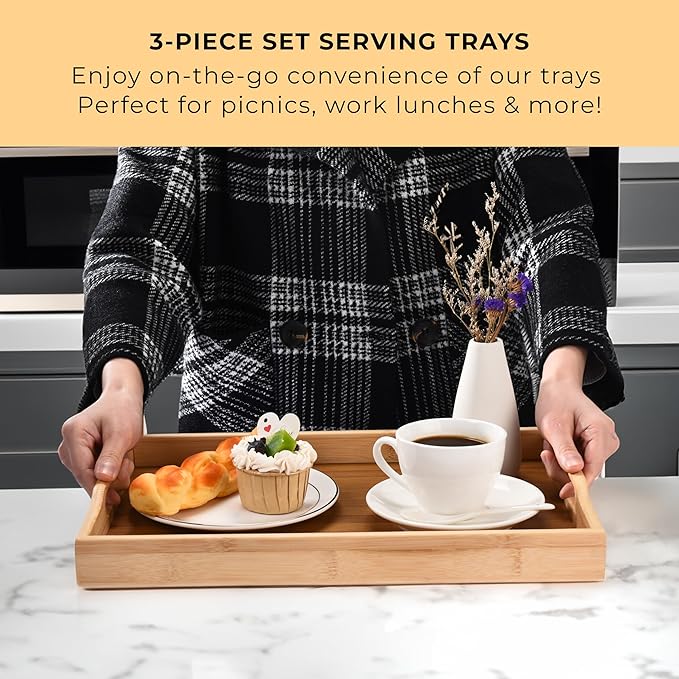 Prosumers Choice Wooden Tray - Light Brown Serving Trays with Handles - Nesting Design for Space Saving - Wooden Serving Tray for Food, Drinks, Snacks - Set of 3