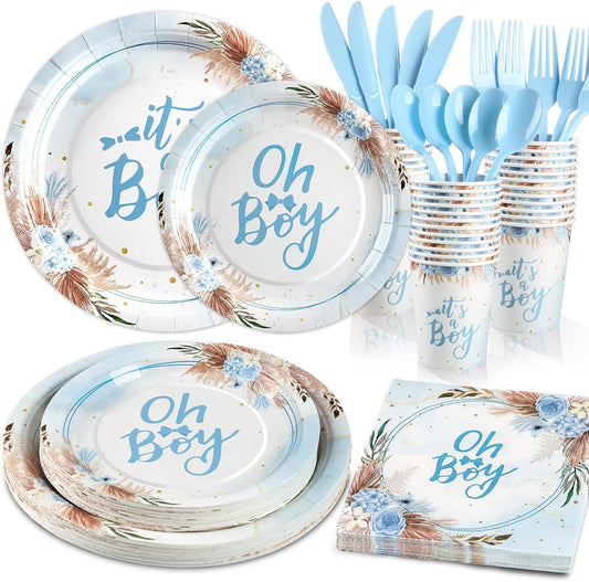 168 Pcs Baby Boy Shower Decorations, Its A Boy Baby Shower Decorations, Blue Baby Shower Plates and Cups and Napkins Sets Serves 24, Boho Fall Oh Baby