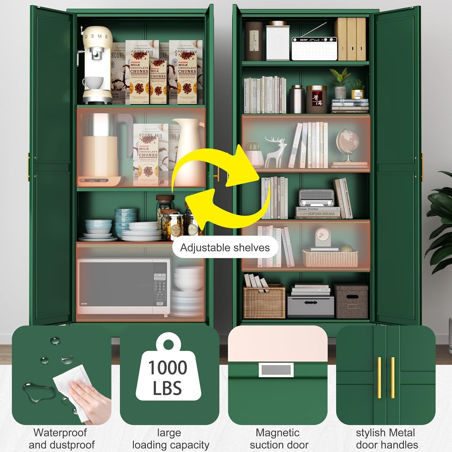 Kitchen Pantry Storage Cabinet with Doors and Adjustable Shelves, Metal ClosetMaid Food Pantry Cabinets, 75" Tall Freestanding Cupboard for Kitchen, Laundry or Utility Room, Green