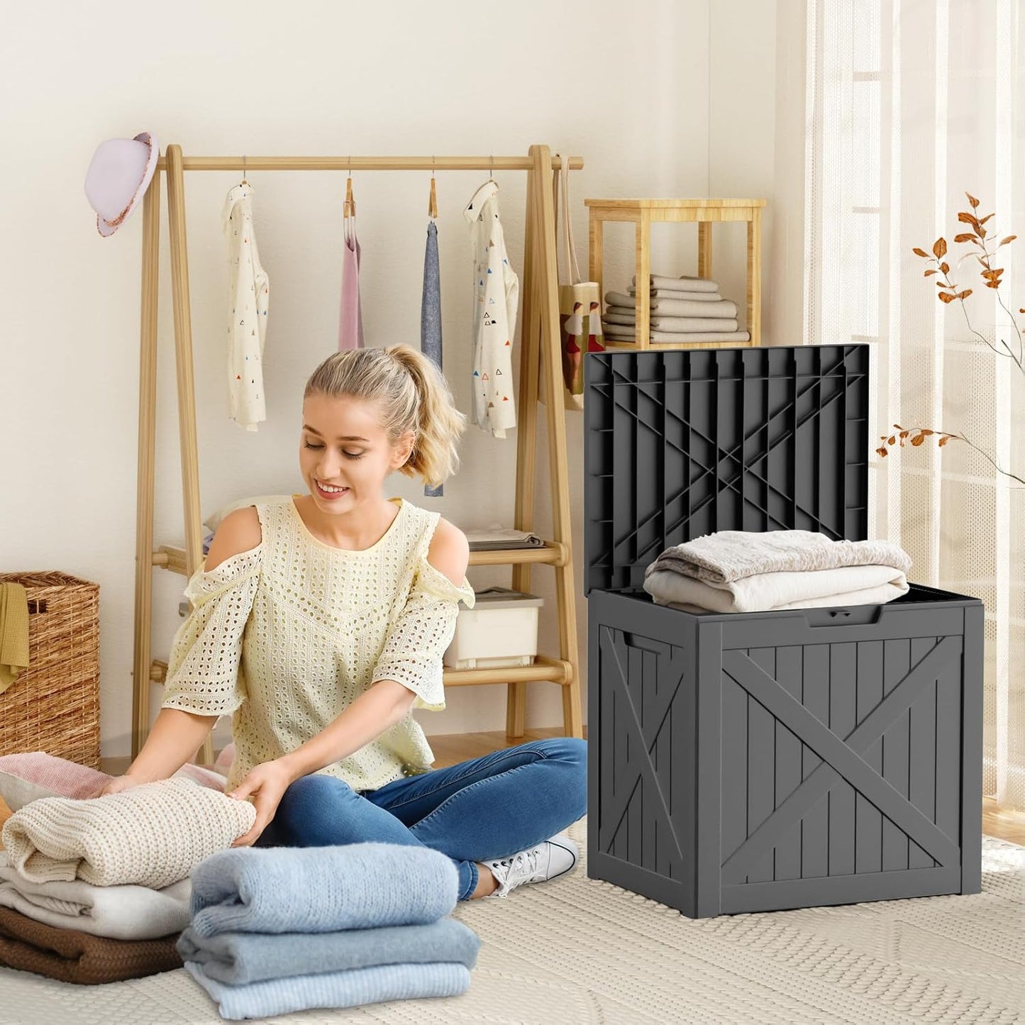 32 Gallon Resin Deck Box, Lockable Outdoor Storage Box for Patio Cushions Storage Furniture,Garden Tools, Pool Supplies, Weatherproof and UV Resistant（Black X）