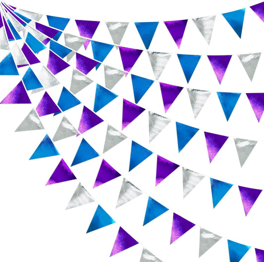 Frozen Party Decoration Purple Blue Silver Metallic Fabric Triangle Pennant Banner Flag Bunting Garland for Frozen Winter Wonderland Christmas Birthday Wedding Baby Shower Bridal Shower Party Supplies