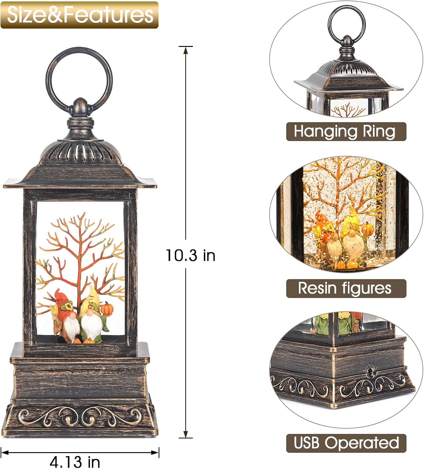 Fall Snow Globe Gnome Lantern, Glitter Lighted Snow Globes Fall Decorations for Home, Light Up Snowglobe Fall Décor