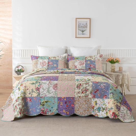 YAYIDAY Quilts Queen Size Patchwork Bedspread Set - 100% Cotton Reversible Breathable Floral Quilted Quilt with Pillow Shams Fit All Season
